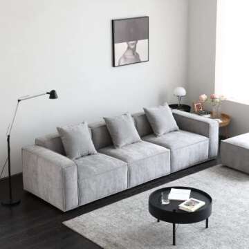 Acanva Luxury Modular Sectional Living Room Sofa Set, Modern Minimalist Style Couch with Ottoman and Chaise, L-Shape, Grey