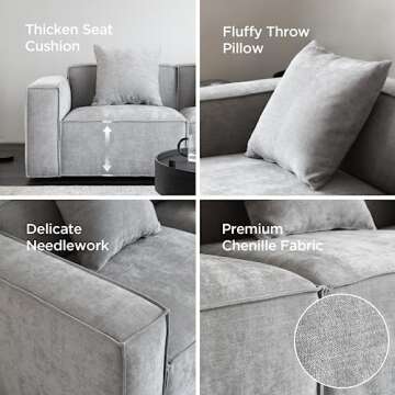 Acanva Luxury Modular Sectional Living Room Sofa Set, Modern Minimalist Style Couch with Ottoman and Chaise, L-Shape, Grey