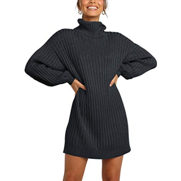 LOGENE Women's Sweater Dress Turtleneck Long Balloon Sleeve Ribbed Knit Oversized Pullover Dresses
