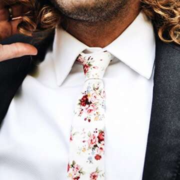 DAZI Men's Skinny Tie Floral Print Cotton Necktie, Great for Weddings, Groom, Groomsmen, Missions, D...