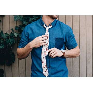 DAZI Men's Skinny Tie Floral Print Cotton Necktie, Great for Weddings, Groom, Groomsmen, Missions, Dances, Gifts. (White Floral)