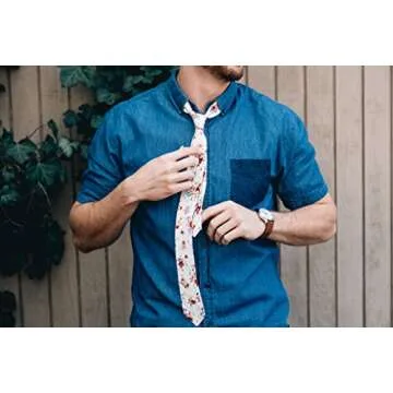 DAZI Men's Skinny Tie Floral Print Cotton Necktie, Great for Weddings, Groom, Groomsmen, Missions, Dances, Gifts. (White Floral)
