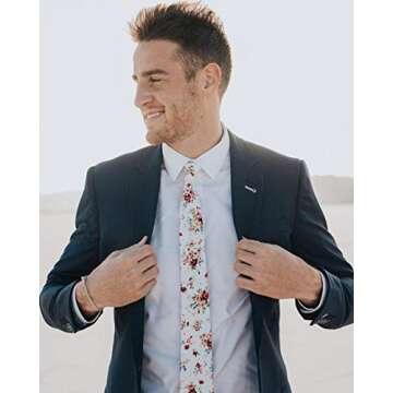 DAZI Men's Skinny Tie Floral Print Cotton Necktie, Great for Weddings, Groom, Groomsmen, Missions, Dances, Gifts. (White Floral)