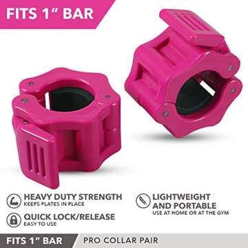 Quick-Release Safety Collars 1 inch, Set of 2- PINK – By Day 1 Fitness, Weight Locking Clips for Standard Weightlifting 1” Bars - Heavy-Duty 1-inch Plate Clamps for Powerlifting, Strength Training