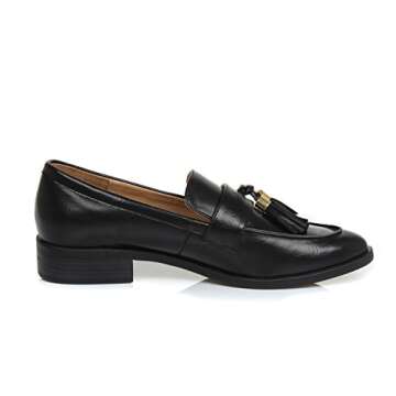 DUNION Women's Bertha Comfortable Tassel Slip Low Heels Almond Toe Casual Penny Loafers,Bertha Black,7.5 M US