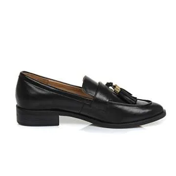 DUNION Women's Bertha Comfortable Tassel Slip Low Heels Almond Toe Casual Penny Loafers,Bertha Black,7.5 M US