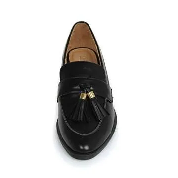 DUNION Women's Bertha Comfortable Tassel Slip Low Heels Almond Toe Casual Penny Loafers,Bertha Black,7.5 M US