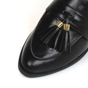 DUNION Women's Bertha Comfortable Tassel Slip Low Heels Almond Toe Casual Penny Loafers,Bertha Black,7.5 M US