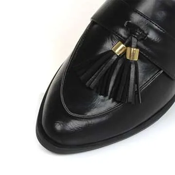 DUNION Women's Bertha Comfortable Tassel Slip Low Heels Almond Toe Casual Penny Loafers,Bertha Black,7.5 M US