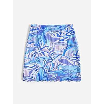 WDIRARA Women's Printed Mesh Overlay Lettuce Trim Casual Bodycon Mini Skirt Multicolored M