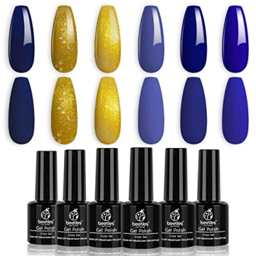 Beetles Blue Gold Glitter Gel Polish Set- 6 Colors Fall Winter Golden Galaxy Collection Royal Blue G...