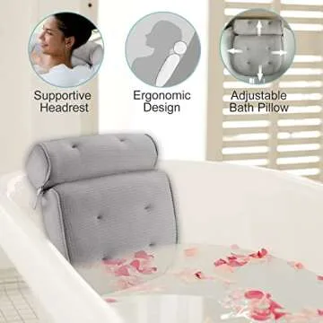 Idle Hippo Bath Pillow, Tencel Spa Bathtub Pillow, Ultra Soft Bath Pillows for Tub Neck and Back Support, Quick Dry Bath Tub Pillow Headrest for Bathtub, Machine Wash - Light Grey