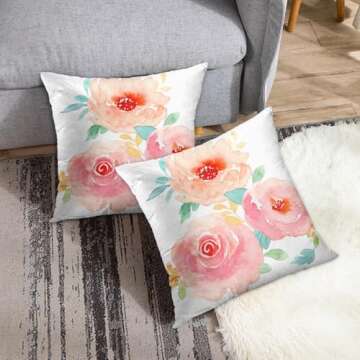 Emvency Set of 2 Throw Pillow Cover Flower Girly Peonies Summer Watercolor Pastel Floral Mint Decorative Pillow Case Home Decor Square 20 x 20 Inch Pillowcase