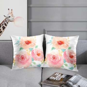 Emvency Set of 2 Throw Pillow Cover Flower Girly Peonies Summer Watercolor Pastel Floral Mint Decorative Pillow Case Home Decor Square 20 x 20 Inch Pillowcase