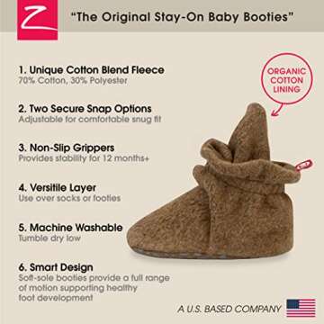 Zutano Unisex Fleece Baby Booties with Organic Cotton Lining, Newborn Essentials, Mocha Heather, 6 Months