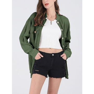 Chouyatou Women’s Waffle Knit Button Down Shirt Shacket