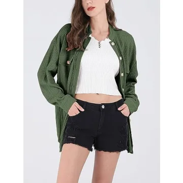 Chouyatou Women’s Waffle Knit Button Down Shirt Shacket