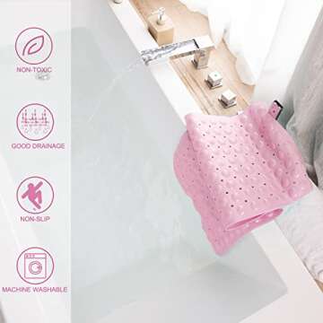 TEESHLY Bath Tub and Shower Mats, Non-Slip 39 x 16 Inch Extra Long Bathtub Mat, Machine Washable BathMat with Drain Holes, Suction Cups for Bathroom (Opaque Pink)