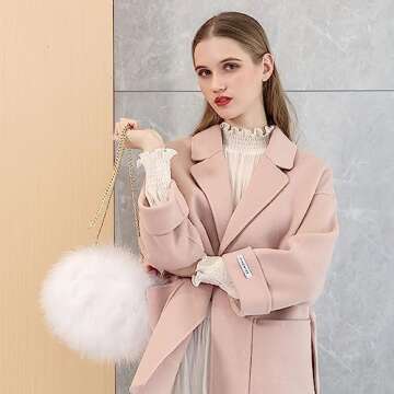 Flada Women's Faux Fluffy Feather Round Clutch Shoulder Bag White