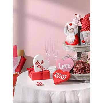 Valentine's Day Decorations, Wood Heart Shaped Sign, Freestanding Table Decor for Tiered Trays, Roma...