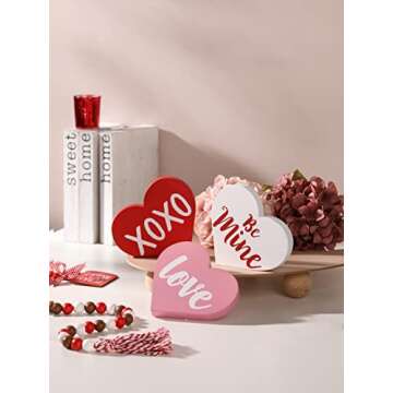 Valentine's Day Decorations, Wood Heart Shaped Sign, Freestanding Table Decor for Tiered Trays, Romantic Wooden Home Décor for Valentine's Day and Weddings