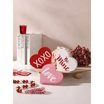 Valentine's Day Decorations, Wood Heart Shaped Sign, Freestanding Table Decor for Tiered Trays, Romantic Wooden Home Décor for Valentine's Day and Weddings