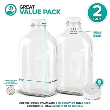Stylish 64-Oz Glass Milk Bottles with Caps - Eco-Friendly Storage Solutions