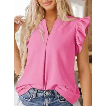 Dokotoo Blouses for Women Dressy Casual Summer Resort Wear 2025 Casual V Neck Ruffle Cap Sleeve Solid Shirts Ladies Lightweight Comfy Loose Blouse Tops Pink Small