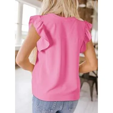 Dokotoo Blouses for Women Dressy Casual Summer Resort Wear 2025 Casual V Neck Ruffle Cap Sleeve Solid Shirts Ladies Lightweight Comfy Loose Blouse Tops Pink Small