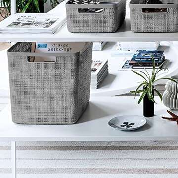 Curver Jute Decorative Plastic Organization and Storage Basket Perfect Bins for Home Office, Closet Shelves, Kitchen Pantry and All Bedroom Essentials, Large Cube, Grey, Set of 4