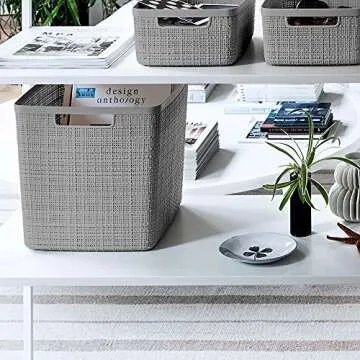 Curver Jute Decorative Plastic Organization and Storage Basket Perfect Bins for Home Office, Closet Shelves, Kitchen Pantry and All Bedroom Essentials, Large Cube, Grey, Set of 4