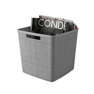 Curver Jute Decorative Plastic Organization and Storage Basket Perfect Bins for Home Office, Closet Shelves, Kitchen Pantry and All Bedroom Essentials, Large Cube, Grey, Set of 4