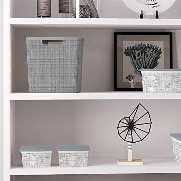 Curver Jute Decorative Plastic Organization and Storage Basket Perfect Bins for Home Office, Closet Shelves, Kitchen Pantry and All Bedroom Essentials, Large Cube, Grey, Set of 4