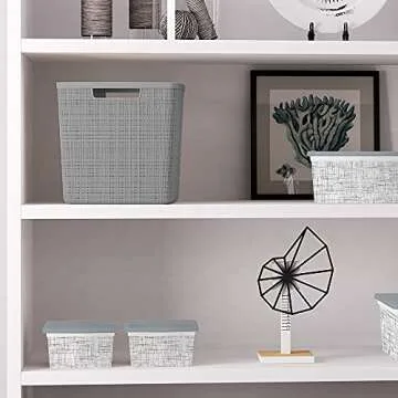 Curver Jute Decorative Plastic Organization and Storage Basket Perfect Bins for Home Office, Closet Shelves, Kitchen Pantry and All Bedroom Essentials, Large Cube, Grey, Set of 4