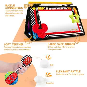 3-in-1 Tummy Time Mirror Toys with Soft Crinkle 3D Activity Book,Teethers, Rattle,High Contrast Blac...