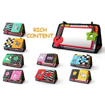 3-in-1 Tummy Time Mirror Toys with Soft Crinkle 3D Activity Book,Teethers, Rattle,High Contrast Black and White Montessori Baby Crawling Toys Developmental Newborn Infant Sensory Toys Gift 0-12 Months