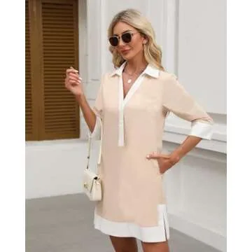 Kedera Women Botton Shirt Dress V Neck Short Sleeves Summer Linen Shift Tunic Dress with Pockets Khaki