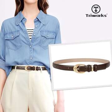 TRIWORKS Women Leather Belt for Jeans Pants Fashion Ladies Skinny Faux Leather Dress belt with Gold Buckle