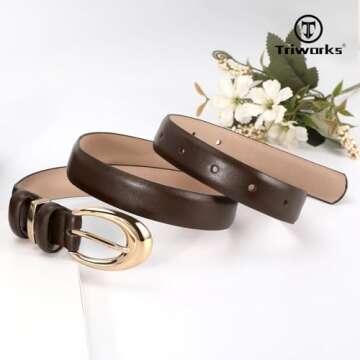 TRIWORKS Women Leather Belt for Jeans Pants Fashion Ladies Skinny Faux Leather Dress belt with Gold Buckle