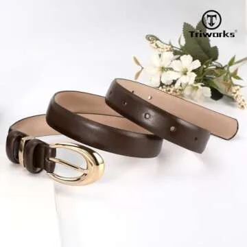 TRIWORKS Women Leather Belt for Jeans Pants Fashion Ladies Skinny Faux Leather Dress belt with Gold Buckle
