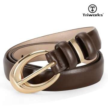 TRIWORKS Women Leather Belt for Jeans Pants Fashion Ladies Skinny Faux Leather Dress belt with Gold Buckle