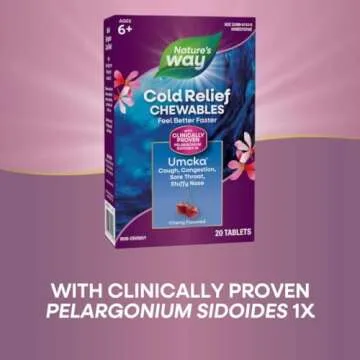 Nature's Way Cold Relief, Umcka, Shortens Duration and Reduces Severity, Multi-Symptom Cold Relief, Homeopathic, Phenylephrine Free, Cherry Flavored, 20 Chewable Tablets (Packaging May Vary)