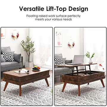 Bidiso Lift Top Coffee Table, Easy-to-Assembly Center Table with Hidden Storage Compartment, Industrial Lift Tabletop Dining Table for Living Room Reception/Home Office, Rustic Brown