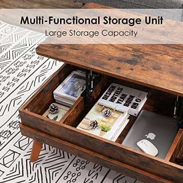 Bidiso Lift Top Coffee Table, Easy-to-Assembly Center Table with Hidden Storage Compartment, Industrial Lift Tabletop Dining Table for Living Room Reception/Home Office, Rustic Brown