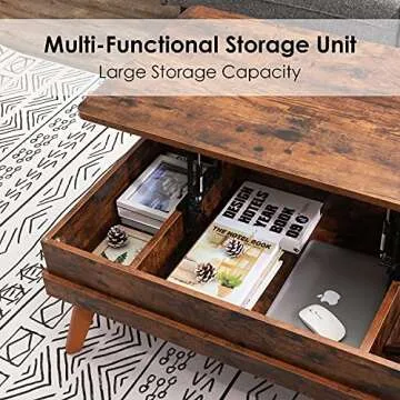 Bidiso Lift Top Coffee Table, Easy-to-Assembly Center Table with Hidden Storage Compartment, Industrial Lift Tabletop Dining Table for Living Room Reception/Home Office, Rustic Brown