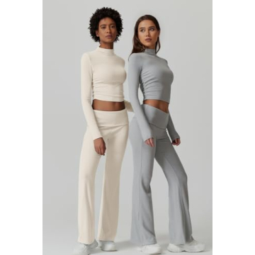 QINSEN Women's Grey Lounge Set Cropped Top Flare Pants