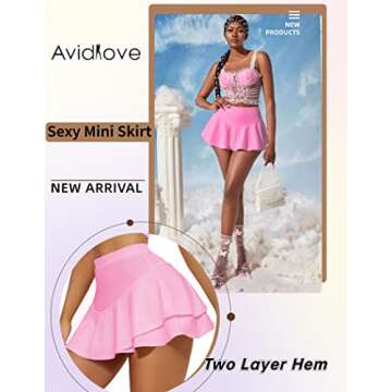 Avidlove Mini Skirt for Women Sexy Solid Ruffle Trim Lingerie Skirt Short High Waist Two Layer Hem Skirt(Pink,S)