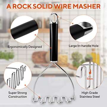 Potato Masher, Potato Masher Stainless Steel, Heavy Duty Mashed Potatoes Masher, Professional Metal ...
