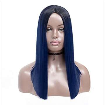 IVY HAIR Blue Hairstyle Wigs Ombre Color Black to Blue Hair Wig Straight Long Synthetic Wigs for Wom...
