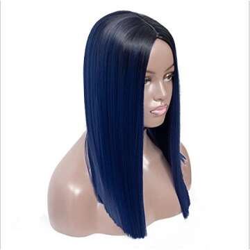 IVY HAIR Blue Hairstyle Wigs Ombre Color Black to Blue Hair Wig Straight Long Synthetic Wigs for Women Middle Part Heat Resistant Hair Replacement Wigs 16 INCH
